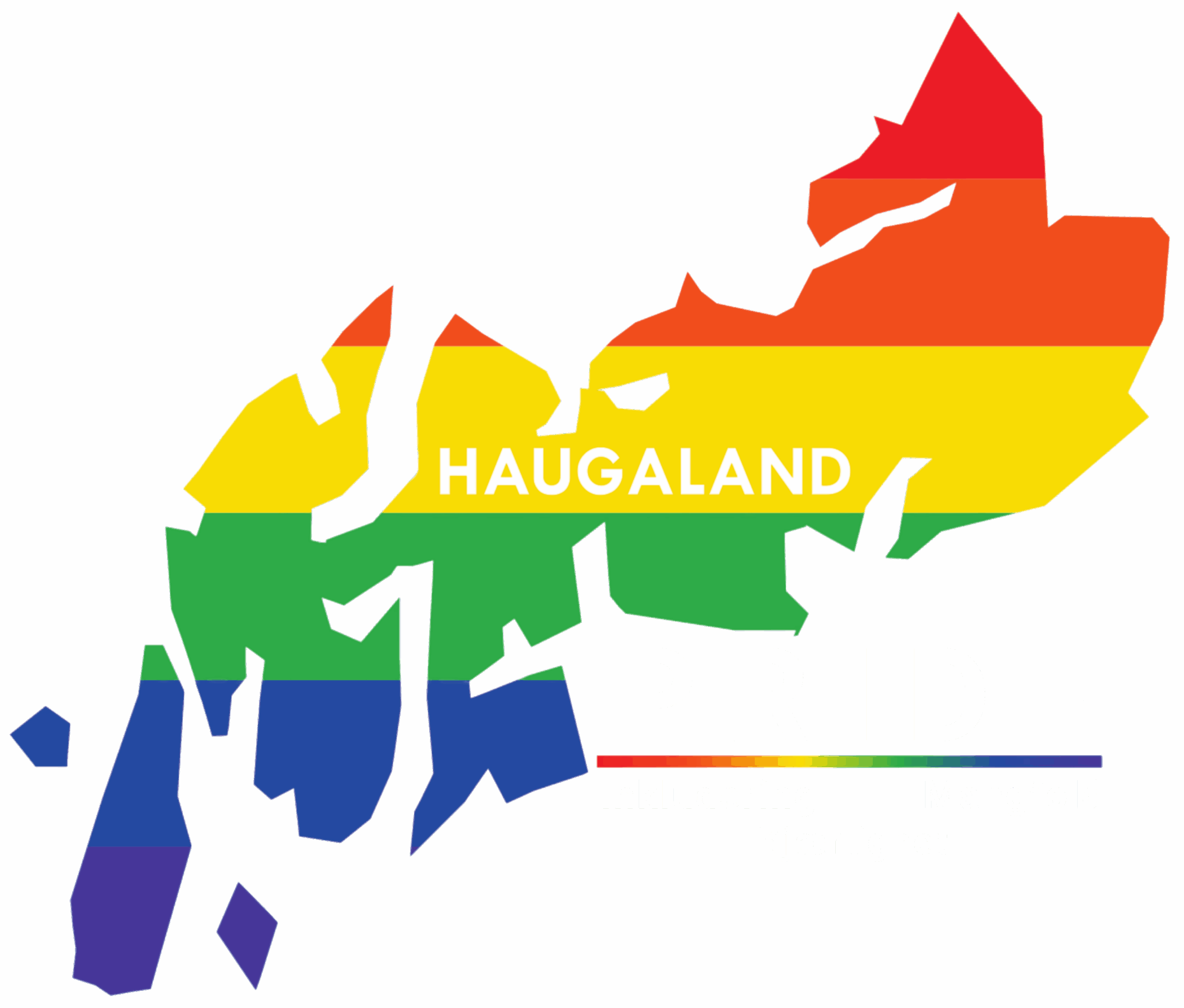 Haugaland Pride-logoen: kart over Haugalandet i regnbuefarger